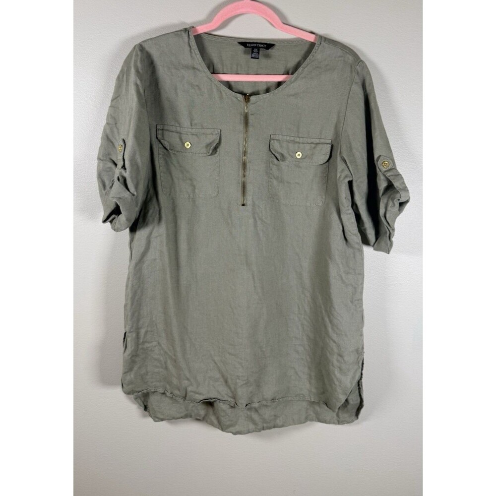 Ellen Tracy Womens Green Solid Linen Half Zip Roll Tab 3/4 Sleeve Blouse - M
